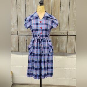 Vintage 1950's Plaid Dress SIZE XXS -XS Blue, Red, Yellow Button Front Zip Side